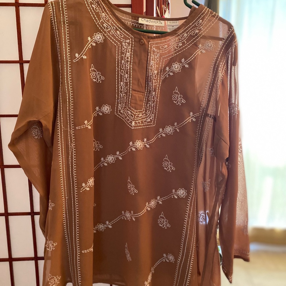 Chadwicks Tan Blouse with White Embroidery